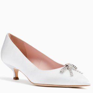 Kate Spade Size 7.5 Ivory Satin Crystal Bow Kitten Heel Pumps
